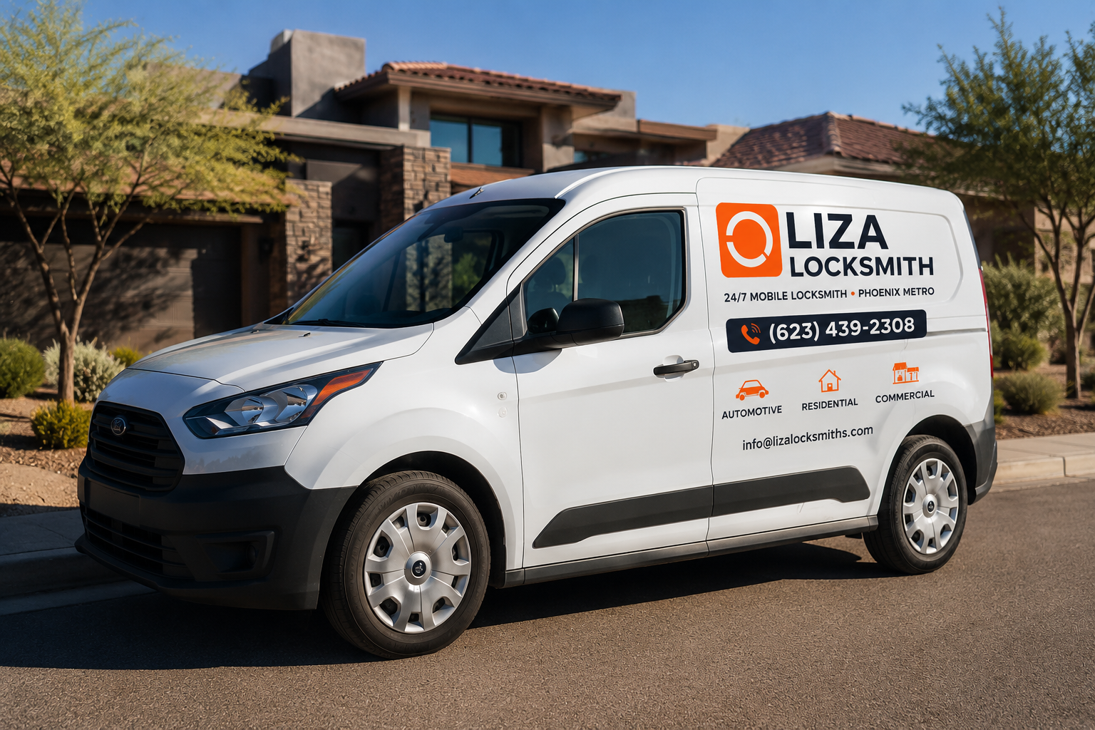 Liza Locksmith LLC branded mobile service van in Phoenix, Arizona