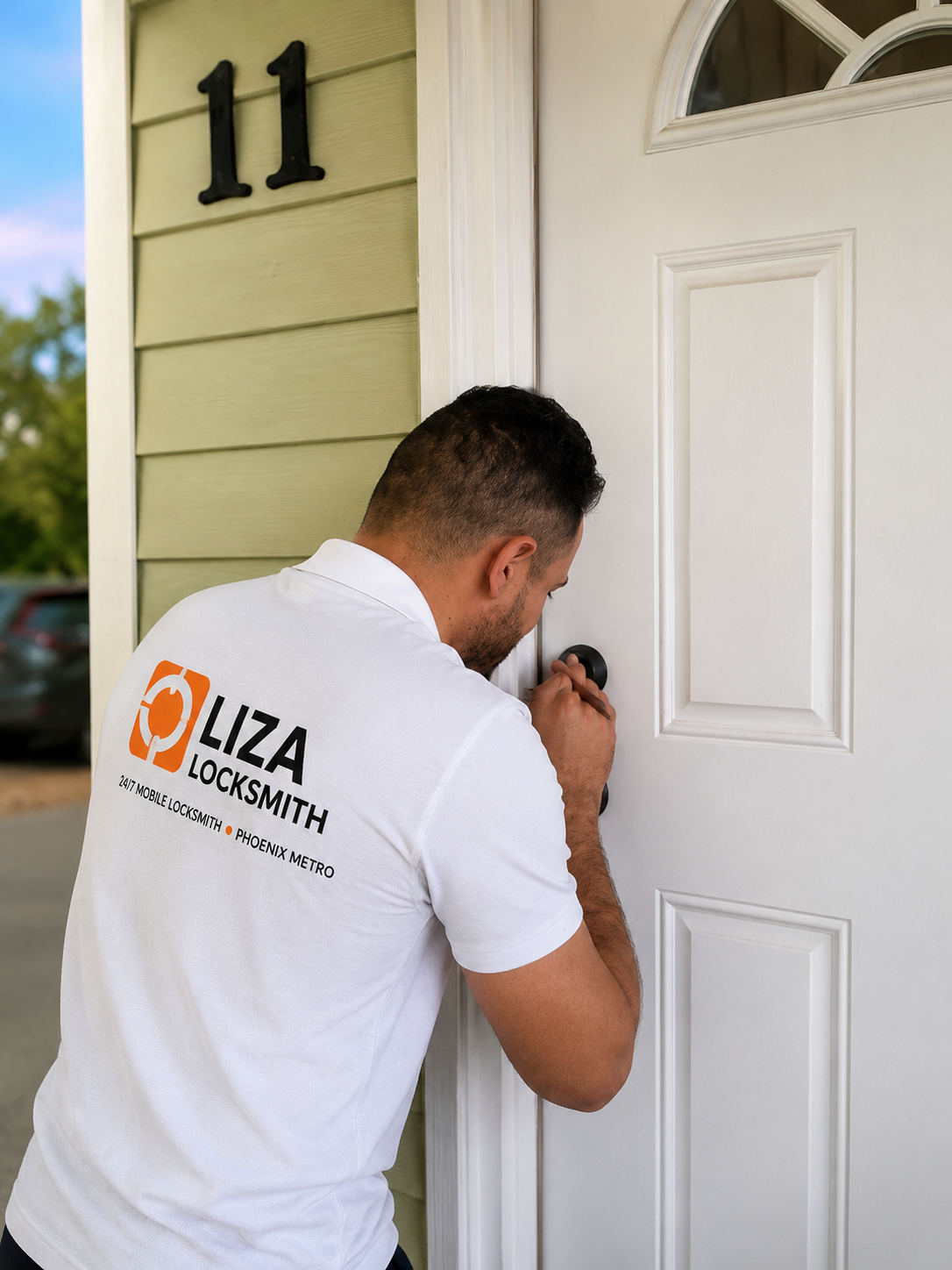 Liza Locksmith residential technician working on a front-door lock
